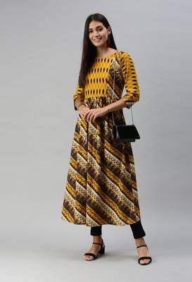Mustard Abstract Print Cotton Blend Fit & Flare Kurta 5