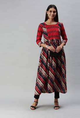 Maroon Abstract Print Cotton Blend Fit & Flare Kurta 1