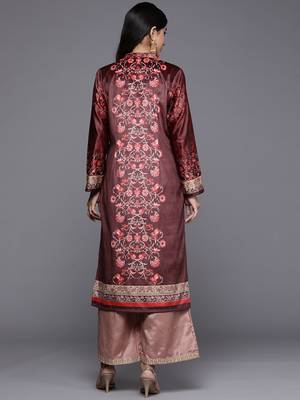 Burgundy printed velvet long-kurtis 4