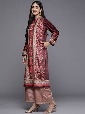 Burgundy printed velvet long-kurtis 5