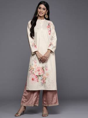 Cream printed velvet long-kurtis 1