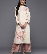 Cream printed velvet long-kurtis