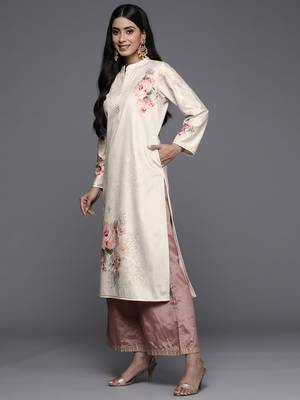 Cream printed velvet long-kurtis 3