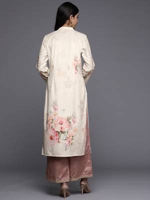 Cream printed velvet long-kurtis 4