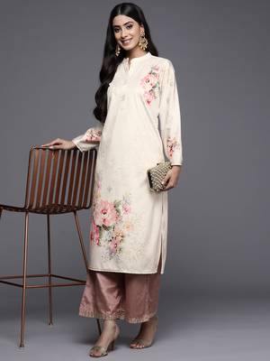 Cream printed velvet long-kurtis 5