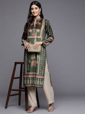 Green printed velvet long-kurtis 1