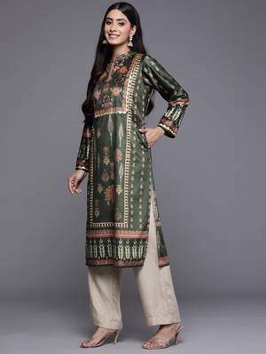 Green printed velvet long-kurtis 4