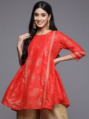 Red printed chanderi short-kurtis 1
