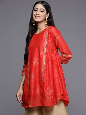 Red printed chanderi short-kurtis 3