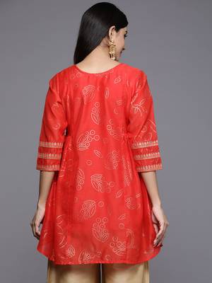Red printed chanderi short-kurtis 4