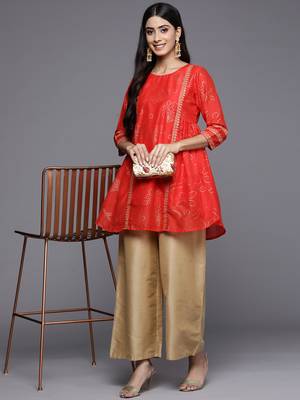 Red printed chanderi short-kurtis 5