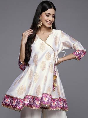 White printed art silk short-kurtis 1
