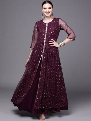Burgundy printed net long-kurtis 2