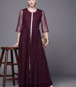 Burgundy printed net long-kurtis