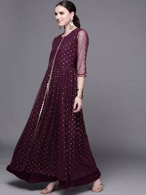 Burgundy printed net long-kurtis 4