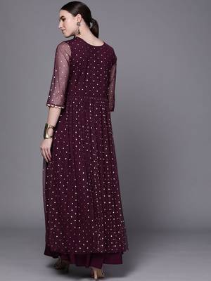 Burgundy printed net long-kurtis 5
