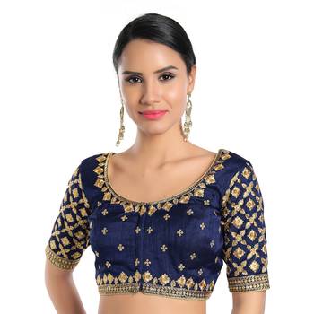 Mmore Women's Navy Blue Silk Front Open Readymade Saree Blouse 1