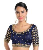 Mmore Women's Navy Blue Silk Front Open Readymade Saree Blouse