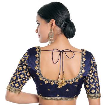 Mmore Women's Navy Blue Silk Front Open Readymade Saree Blouse 2
