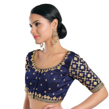 Mmore Women's Navy Blue Silk Front Open Readymade Saree Blouse 3