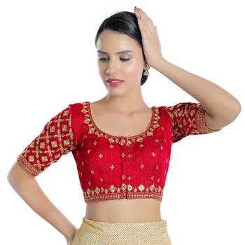 Red and Gold Silk Threadwork Readymade Blouse 1