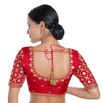 Red and Gold Silk Threadwork Readymade Blouse 2