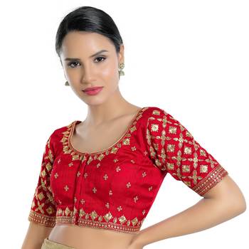 Red and Gold Silk Threadwork Readymade Blouse 3