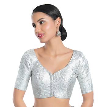 Mmore Women's Silver Brocade Front Open Readymade Saree Blouse 1