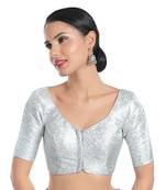 Mmore Women's Silver Brocade Front Open Readymade Saree Blouse