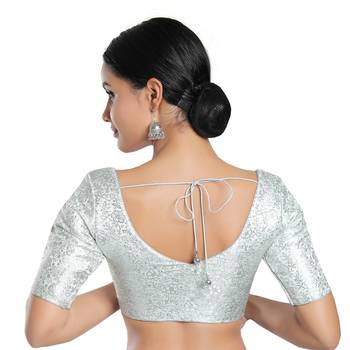 Mmore Women's Silver Brocade Front Open Readymade Saree Blouse 2