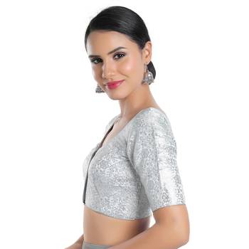 Mmore Women's Silver Brocade Front Open Readymade Saree Blouse 3