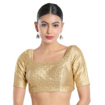 Mmore Women's Gold Brocade Back Open Readymade Saree Blouse 1