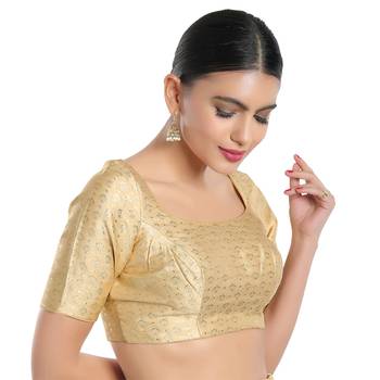 Mmore Women's Gold Brocade Back Open Readymade Saree Blouse 3