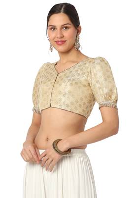 Mmore Women's Cream Brocade Front Open Readymade Saree Blouse 3