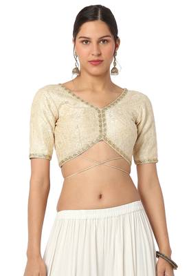 Mmore Women's Cream Dupion Silk Back Open Readymade Saree Blouse 1
