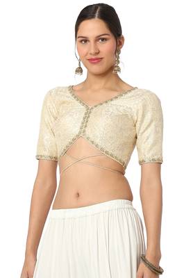 Mmore Women's Cream Dupion Silk Back Open Readymade Saree Blouse 3