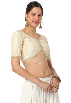 Mmore Women's Cream Dupion Silk Back Open Readymade Saree Blouse 4