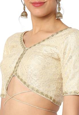Mmore Women's Cream Dupion Silk Back Open Readymade Saree Blouse 5