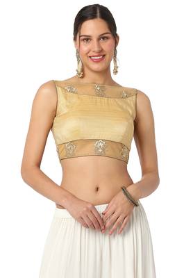 Mmore Women's Gold Dupion Silk Back Open Readymade Saree Blouse 1