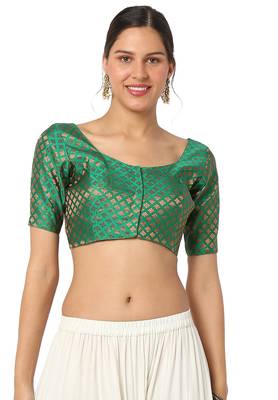 Mmore Women's Green Brocade Front Open Readymade Saree Blouse 1