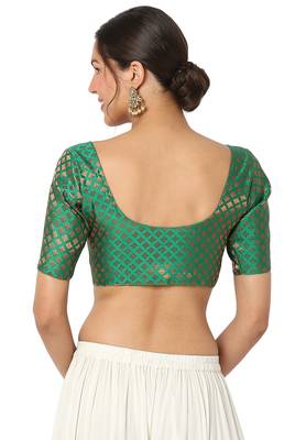 Mmore Women's Green Brocade Front Open Readymade Saree Blouse 2
