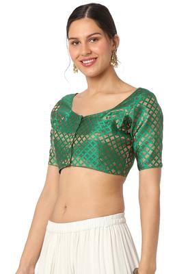 Mmore Women's Green Brocade Front Open Readymade Saree Blouse 3