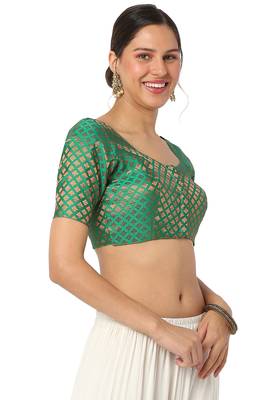 Mmore Women's Green Brocade Front Open Readymade Saree Blouse 4