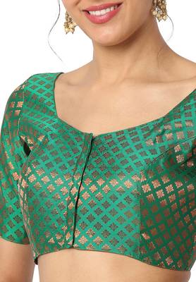 Mmore Women's Green Brocade Front Open Readymade Saree Blouse 5