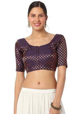 Mmore Women's Blue Brocade Front Open Readymade Saree Blouse 1