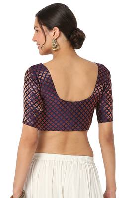 Mmore Women's Blue Brocade Front Open Readymade Saree Blouse 2