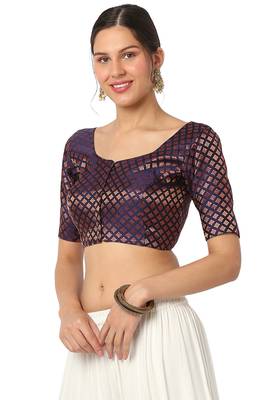 Mmore Women's Blue Brocade Front Open Readymade Saree Blouse 3