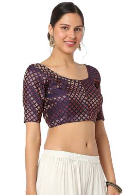 Mmore Women's Blue Brocade Front Open Readymade Saree Blouse 4