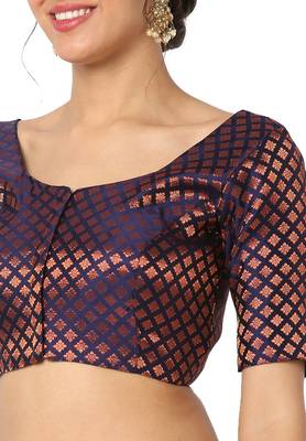Mmore Women's Blue Brocade Front Open Readymade Saree Blouse 5