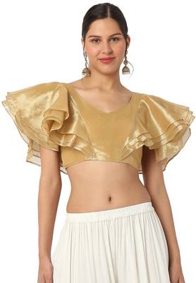 Mmore Women's Gold Organza Tissue Back Open Readymade Saree Blouse 1